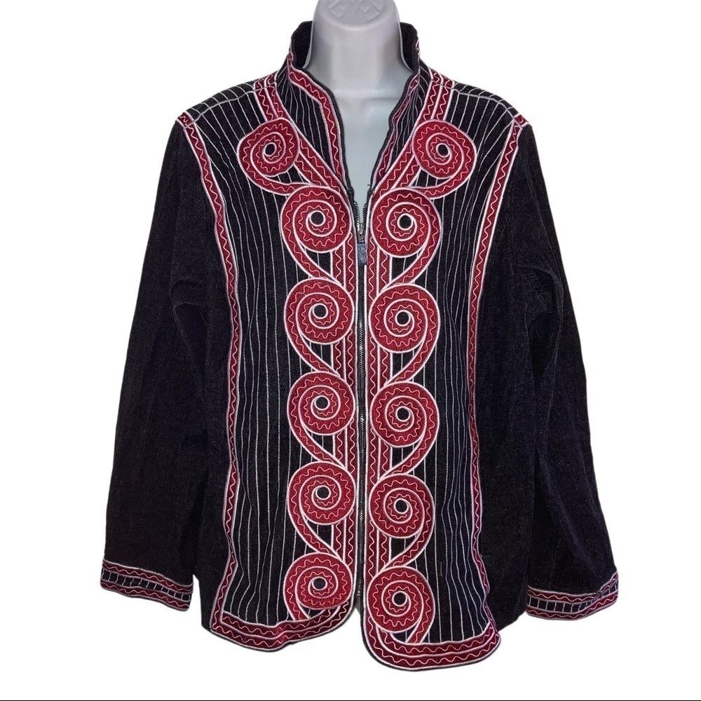 - Bob Mackie Wearable Art Zip Front Black Plus Denim Embroider Jacket 1X R…